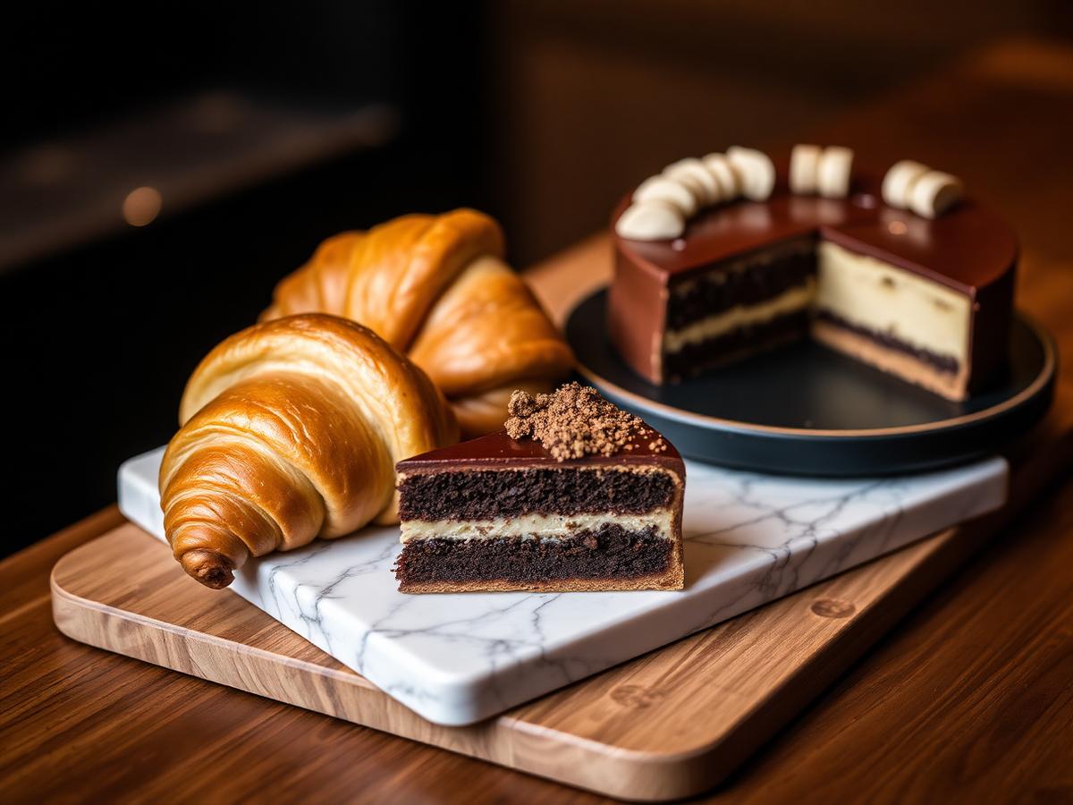 Fresh croissants and cakes