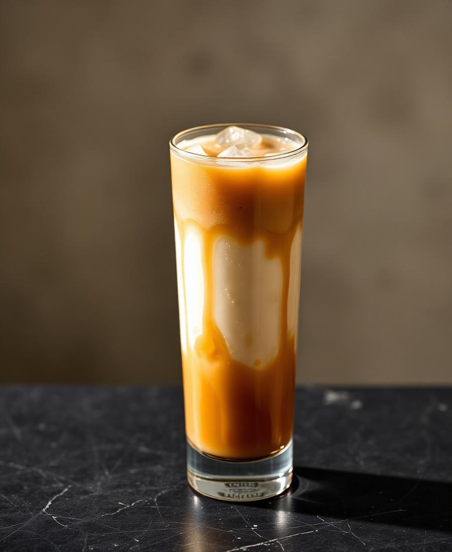 Layered iced Spanish latte in a tall glass