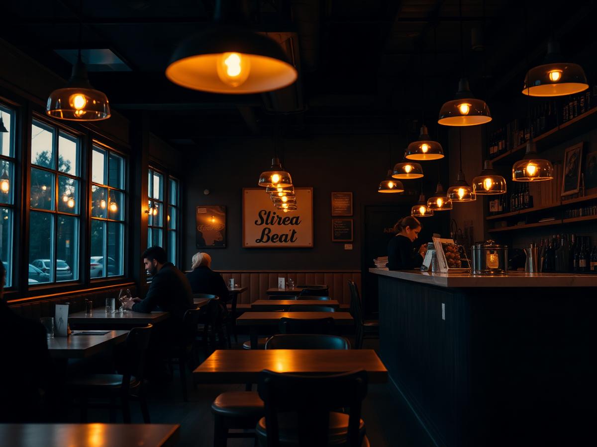 Warm café interior at dusk with pendant lighting