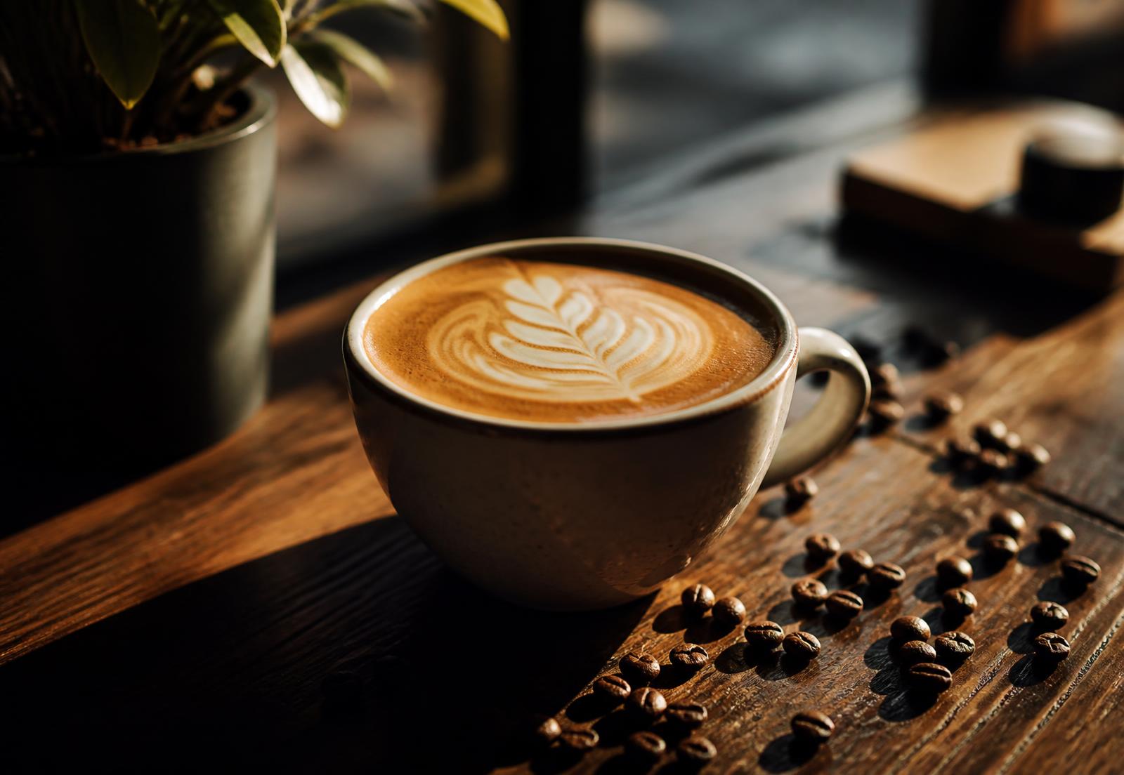 Latte with rosetta art on a wooden café table in morning sunlight