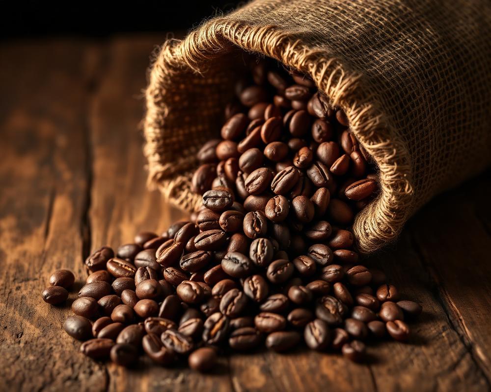 Roasted coffee beans spilling from a burlap sack