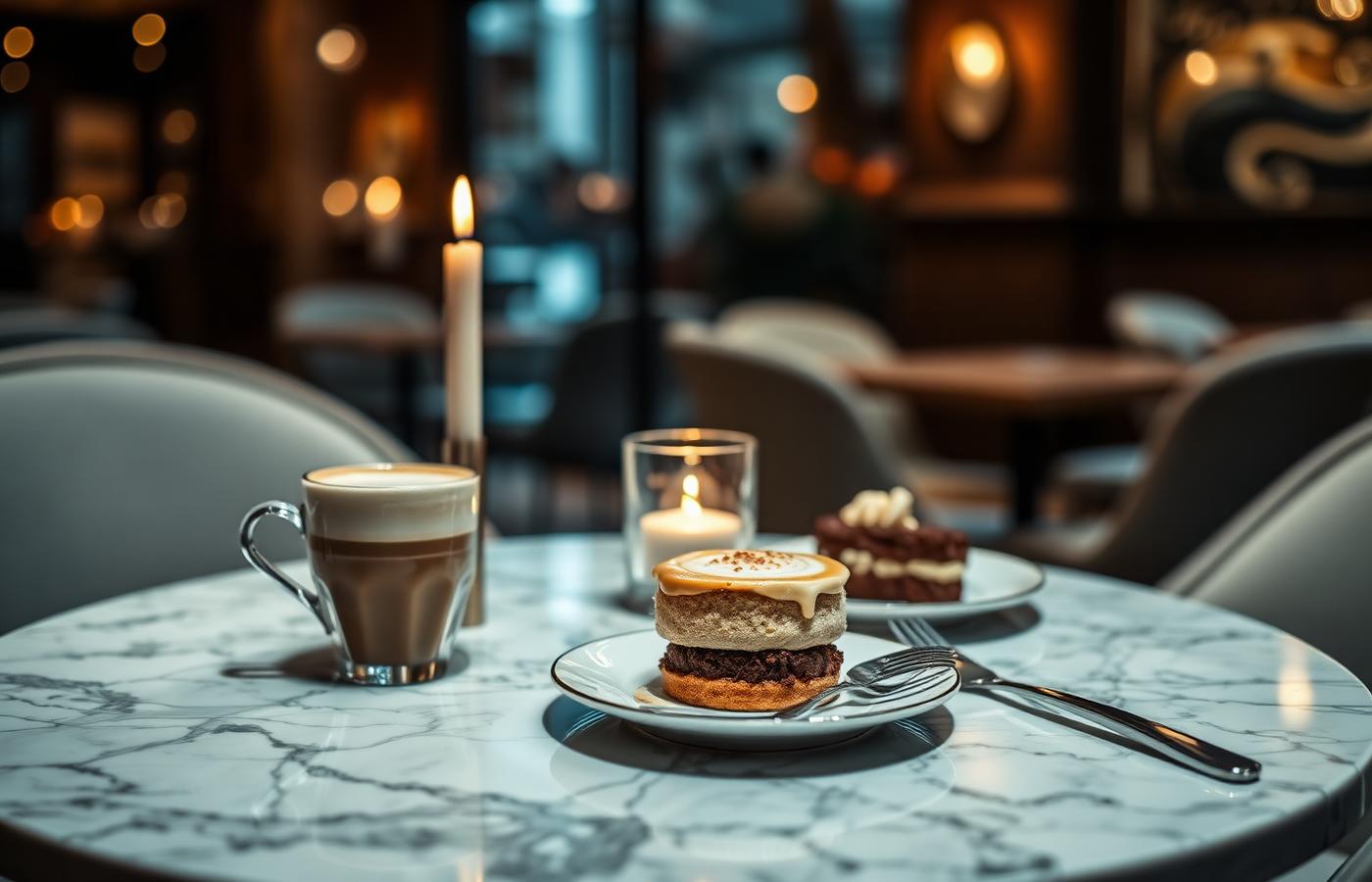 Marble café table set with a cappuccino, dessert and candlelight