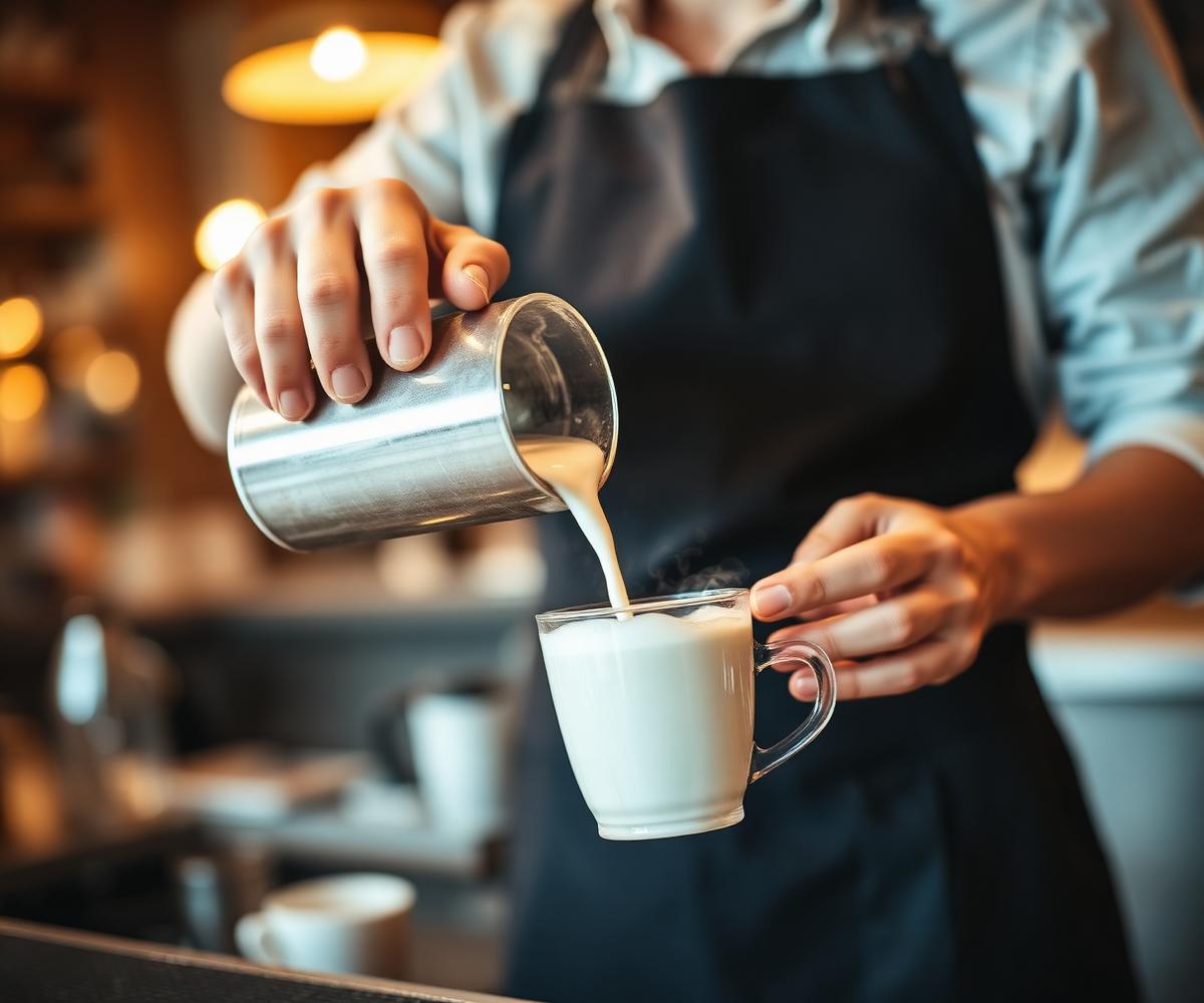 Barista pouring steamed milk into a glass cup